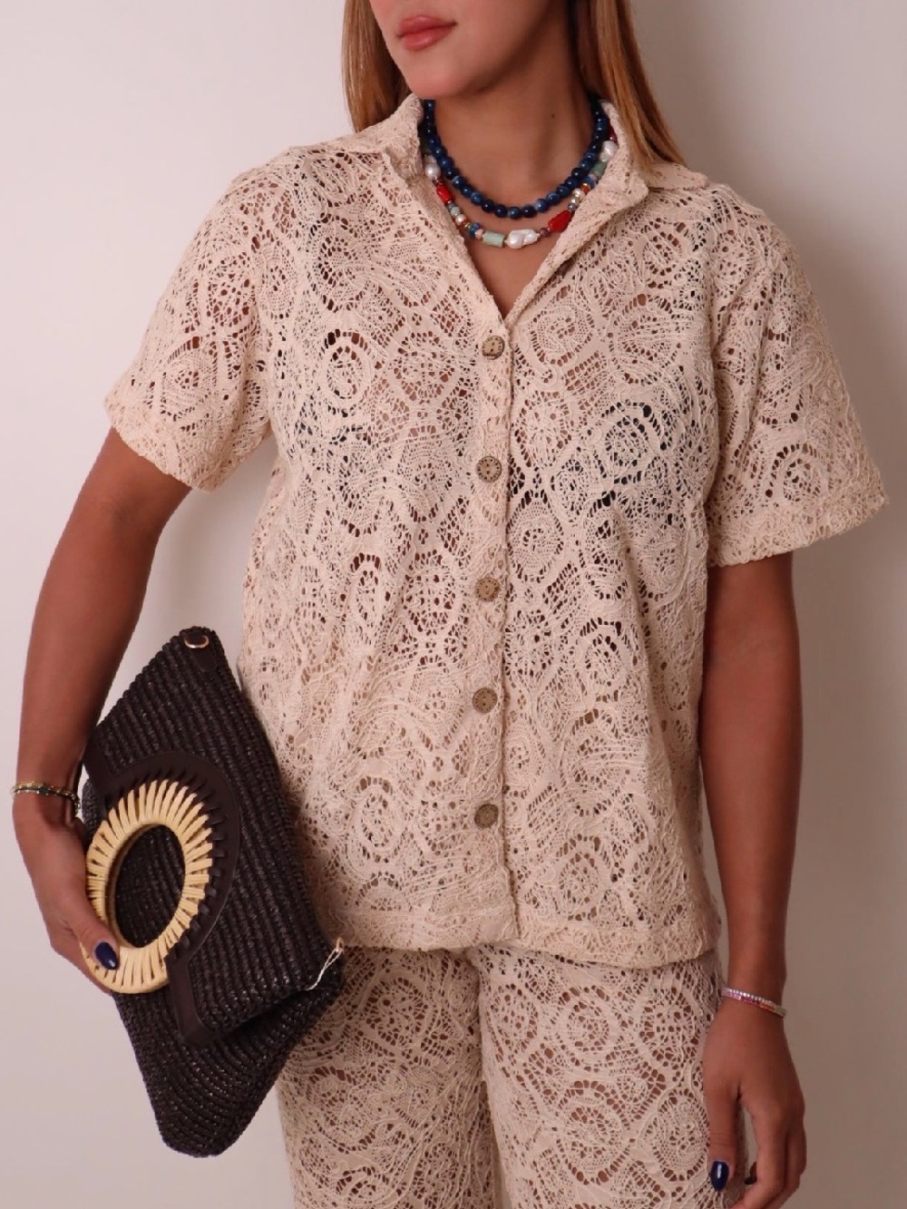 Cream Crochet Button-Front Short Sleeve Top